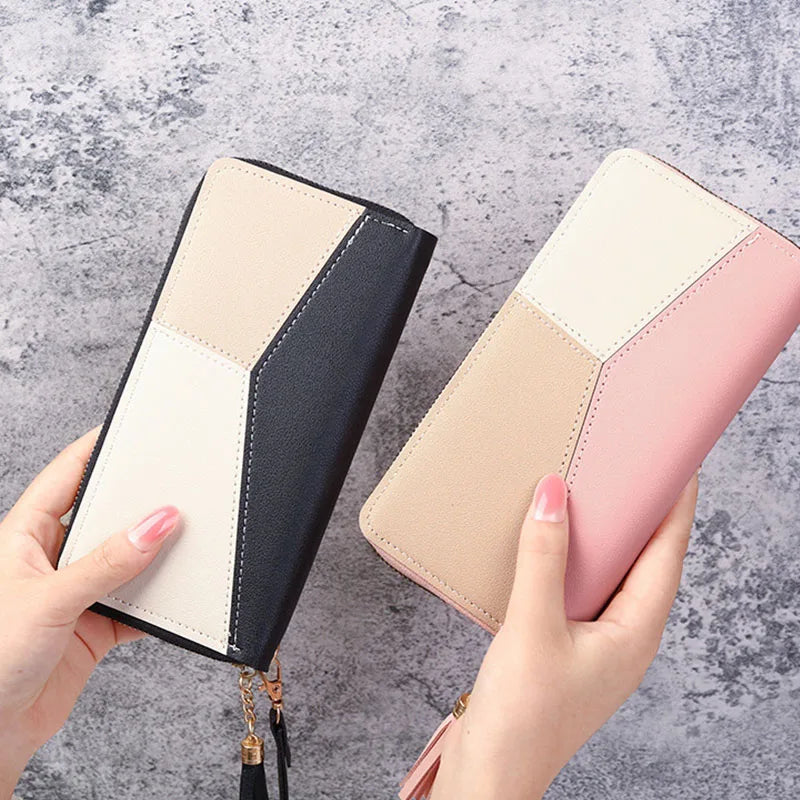Women's Color Block Zip Wallet | Large PU Leather Card Holder & Coin Purse